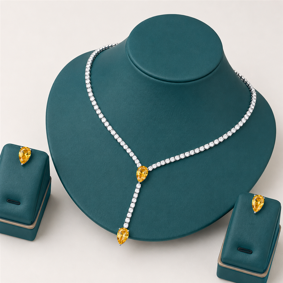 Yellow Tear Drop aaa+ Cubic Zirconia Pendant Jewellery Set