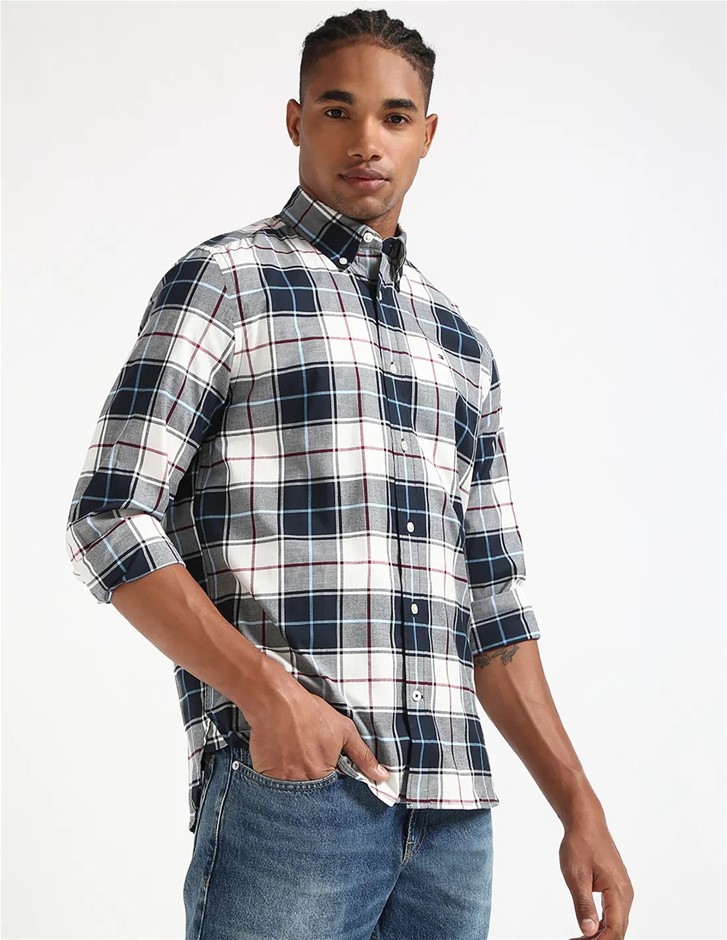 TOMMY HILFIGER Regular Fit Natural Soft Poplin Plaid Shirt, Desert Sky, Med