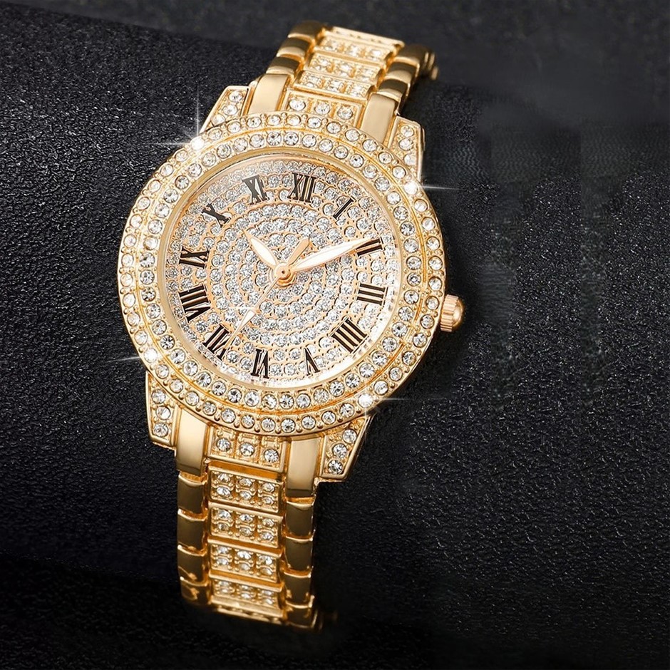 Ladies Gold Colored Blinged-Out Watch w/ Sim Diamonds