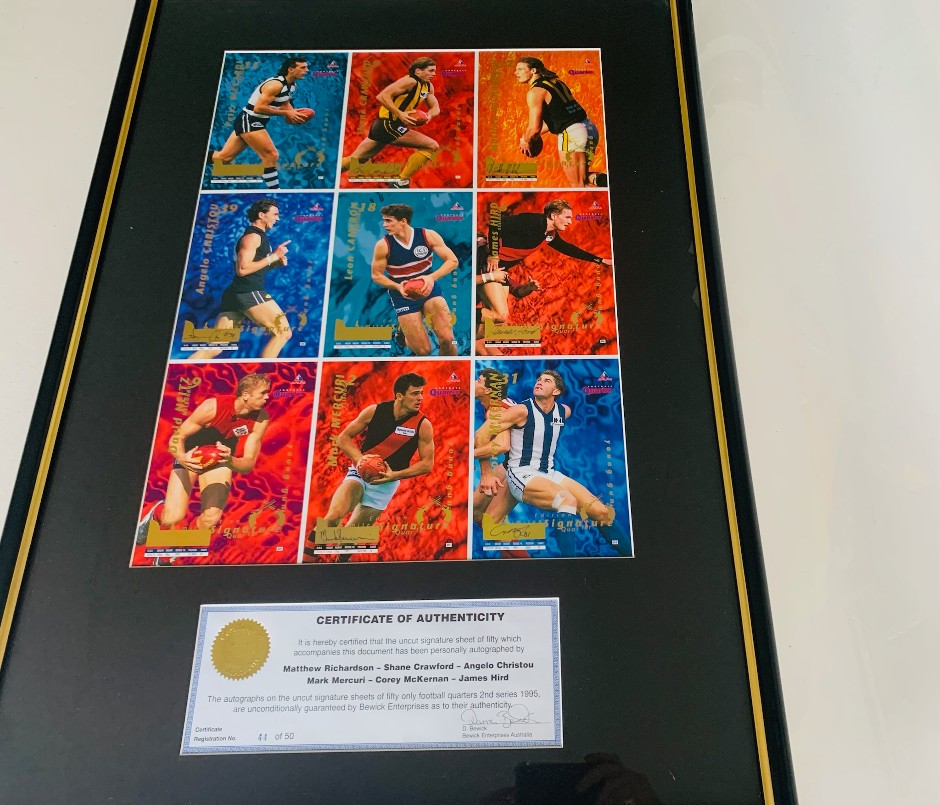 <p>1995 AFL Football Quarters Uncut Sheet - Young guns 6 Autos /50 limited<