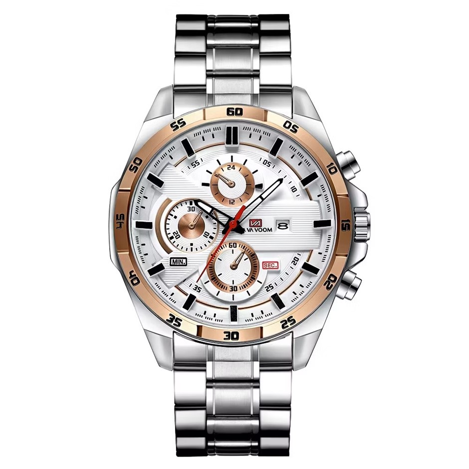 Luxury Multifunctional Water Resistant Fashion Watch for Men, Silver/Gold