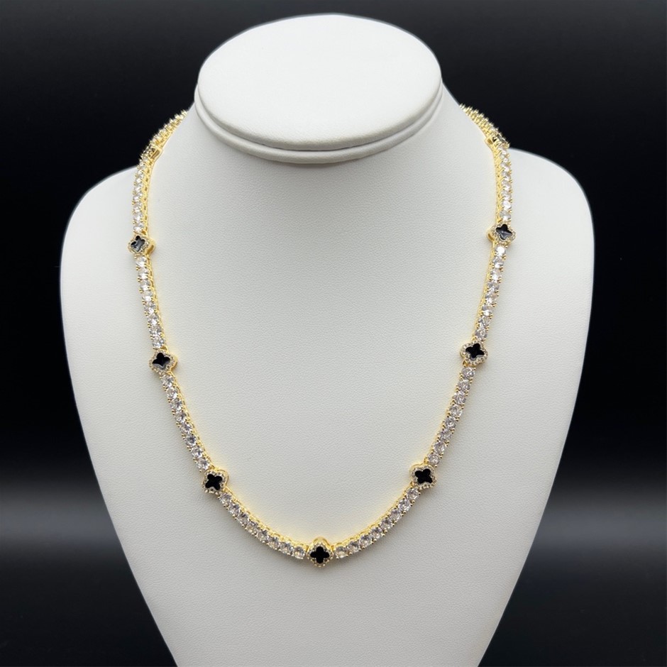 Gold-Filled Tennis Necklace Four-Leaf Clover & AAA Cubic Zirconias-60.9cm