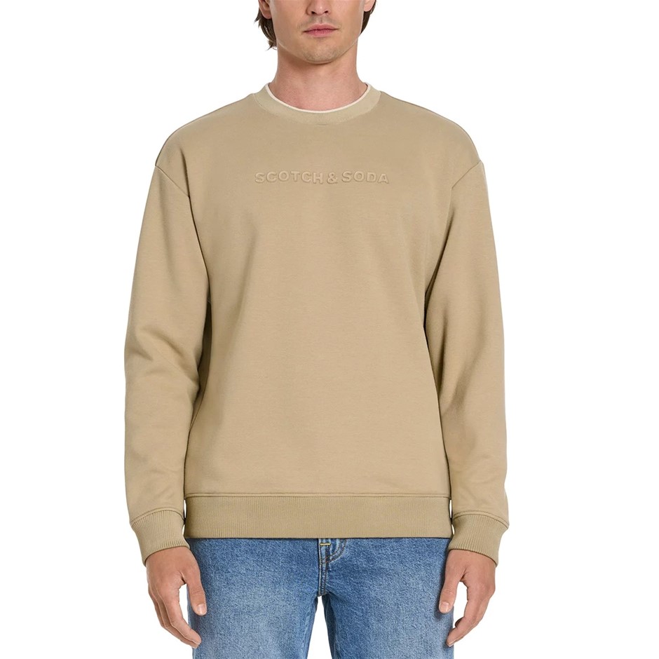 SCOTCH&SODA Men's Embossed Crew Sweatshirt, Size S, 55% Cotton, Tan Beige.