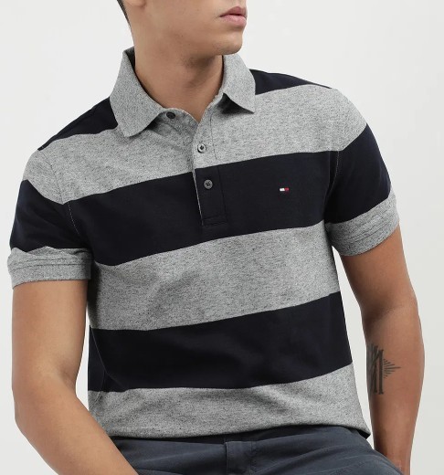 Tommy Hilfiger Men's Slim Fit Rugby Striped Polo, Grey Heather, Medium