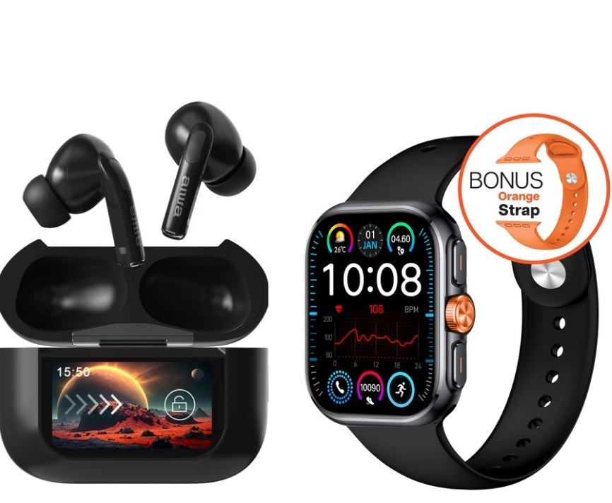 AIWA Smart Tech Duo - 2-inch Smartwatch with Black/Orange Straps and Black
