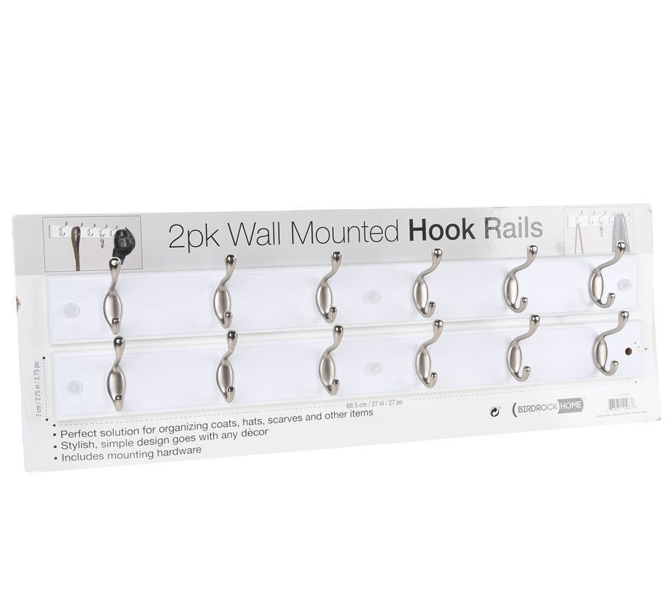 BIRDROCK Pack of 2pc Wall Mounted Hook Rails, 68.5cm x 7cm. N.B: Missing mi