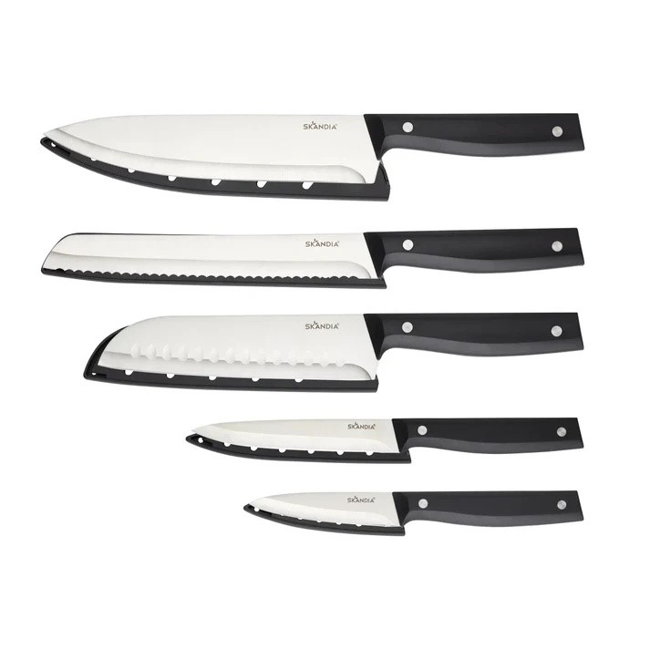 HAMPTON FORGE 5-Piece Knife Set with Blade Guards. N.B: Damaged packaging.