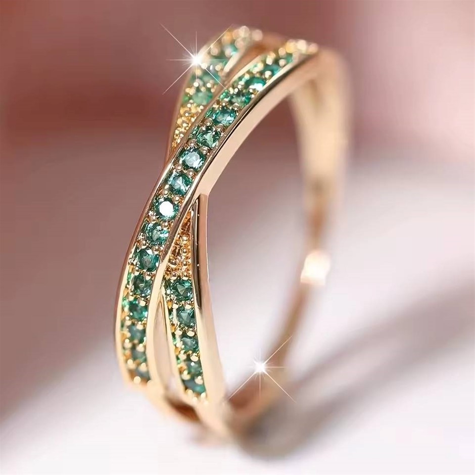Designer Green Simulated Diamond Crossover Ring in Yellow - US Size 8