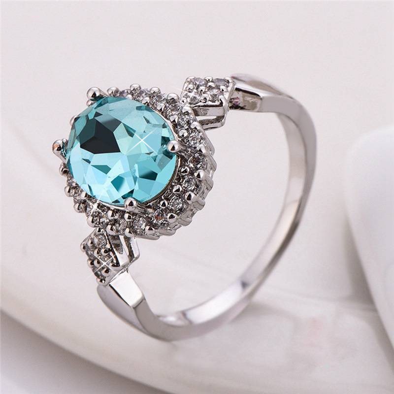 Designer Simulated Diamond Sky Blue Oval Ring in Silver - US Size 8
