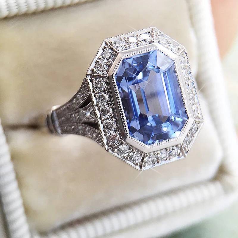 Designer Simulated Diamond Blue Rectangular Ring in Silver- US Size 7