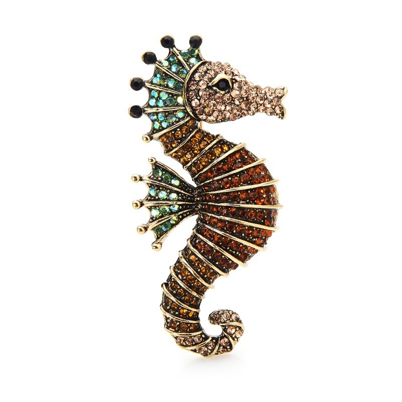 Designer Simulated Diamond Brown, Blue & Rose Seahorse Brooch Pin