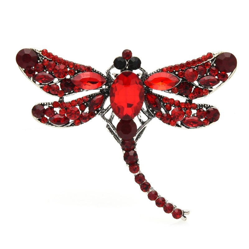 Designer Simulated Diamond Red & Black Classic Dragonfly Brooch Pin