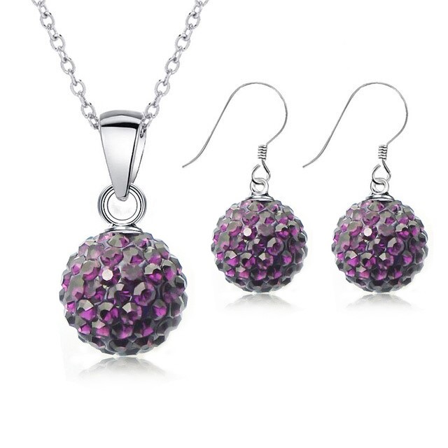 925 Sterling Silver Purple Crystal Disco Ball Earring & Necklace Set