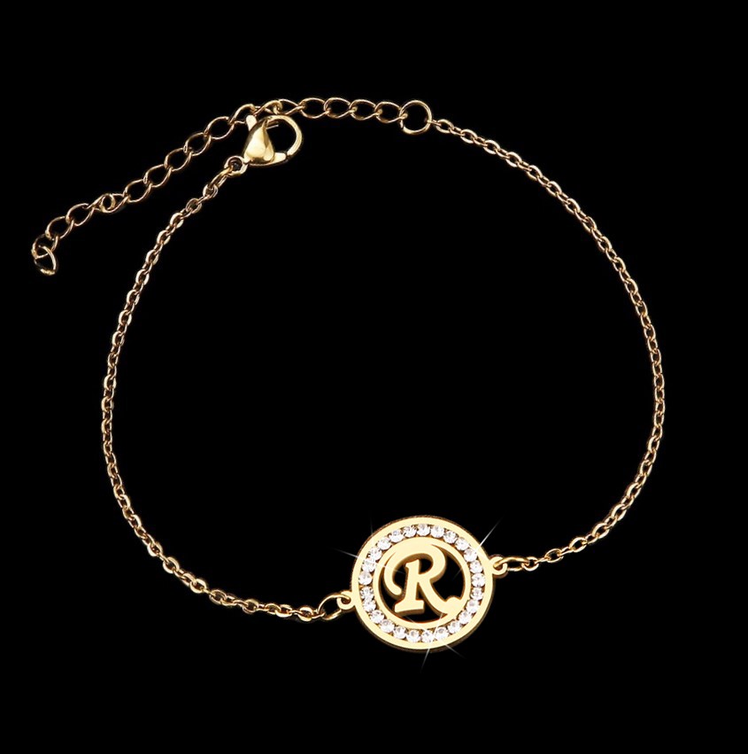 Stainless Steel Initial 'R' Bracelet with Simulated Diamonds - Yellow