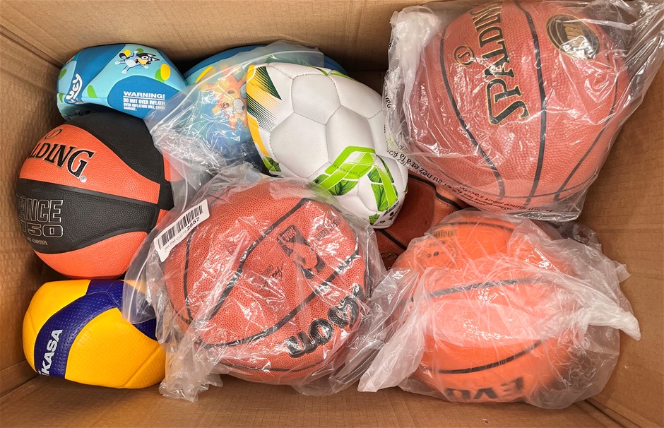 Assorted Sport Balls Including Basketballs, Footballs, Soccer Balls & More.