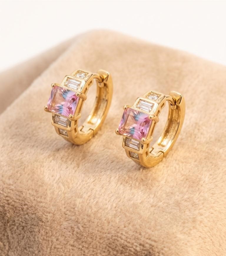 14k/Italy stamps Yellow Gold Filled Earrings ,Pink Emerald Cut Stones