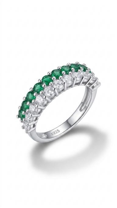 925 Sterling Silver Green and White Ring Simulated Diamonds