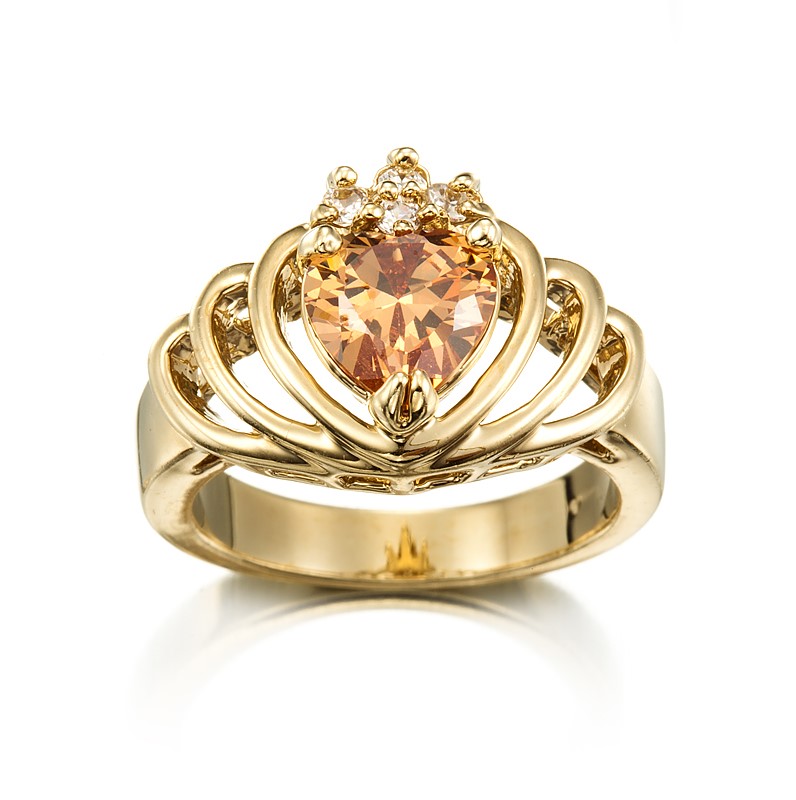 Stunning Yellow Gold Plated Champagne Crown Heart Ring - US Size 6