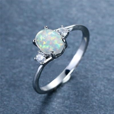 Designer Simulated Diamond & White Oval Opal Ring in Silver - Size 7