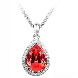 Simulated Diamond Large Statement Red Teardrop Pendant Necklace in Silver