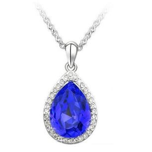 Simulated Diamond Large Statement Blue Teardrop Pendant Necklace in Silver