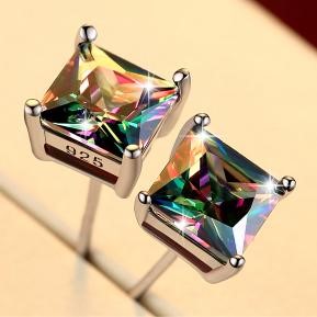 Designer 4mm Square Rainbow Stone Earrings in Silver