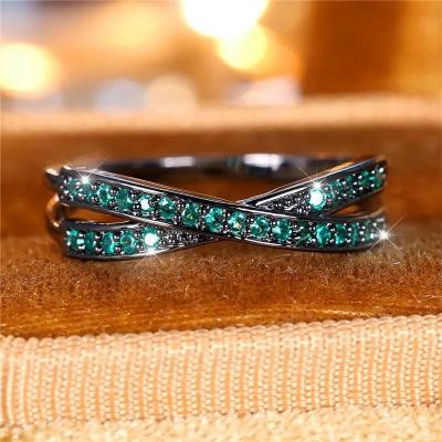 Designer Green Simulated Diamond Crossover Ring in Black - US Size 9