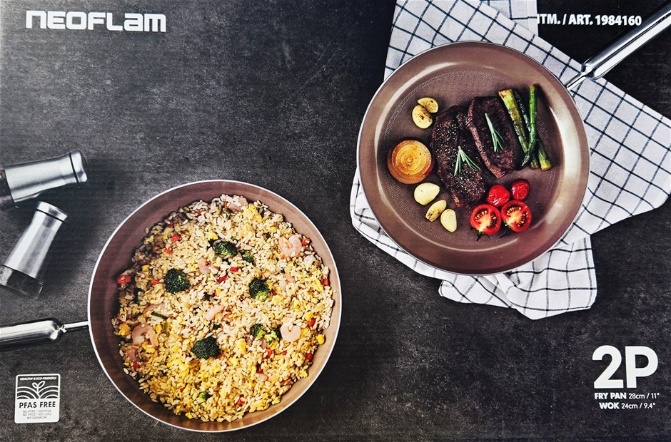 NEOFLAM 2pc Stainless Steel Frypan & Wok Set. NB: Minor use.
