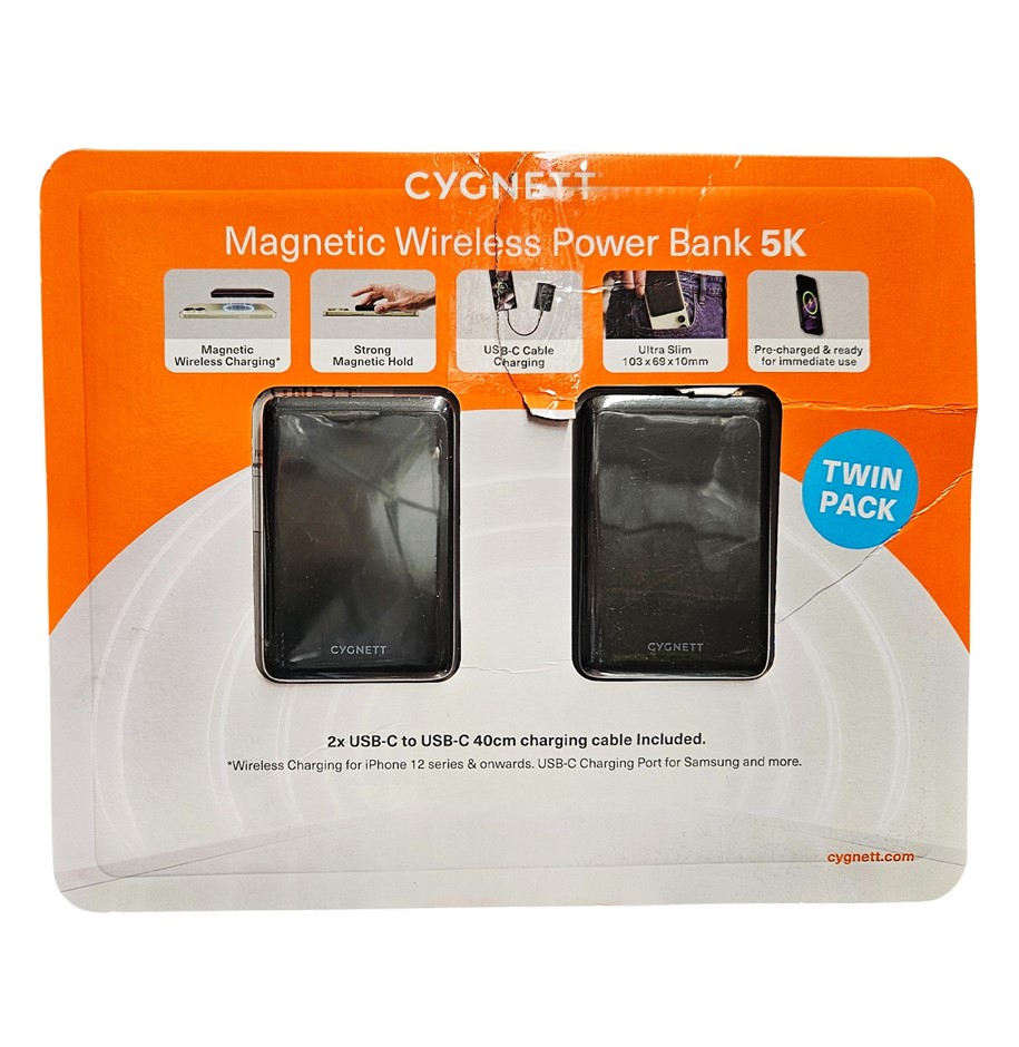 CYGNETT Magnetic Wireless Power Bank 5K Twin Bank w/ USB-C to USB-C Cables.