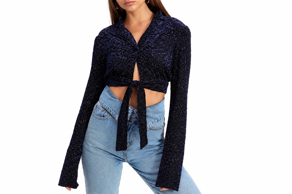 LIONESS Women's Tie-Front Velvet Blouse with Pocket, Size M, Navy/Burnout,