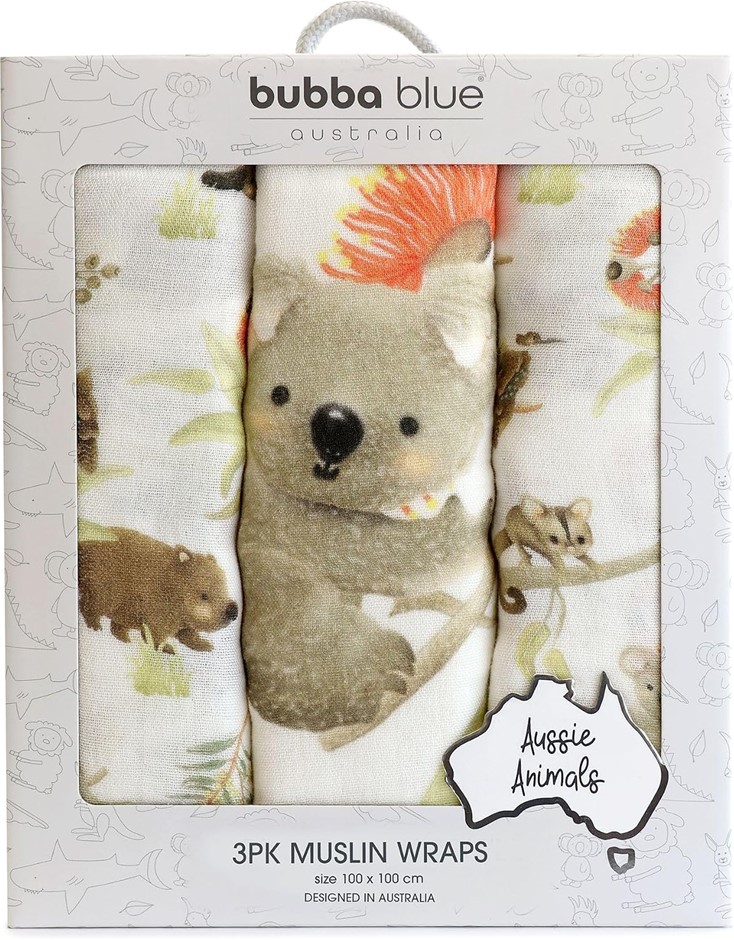 3pk x BUBBA BLUE New Aussie Animal Muslin Wraps, 15075, Multicolor. Buyers