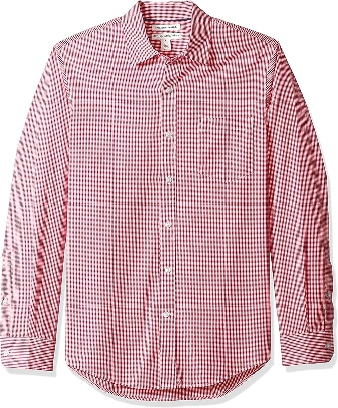 AMAZON ESSENTIALS Men's Slim-Fit LS Poplin Shirt, Size L, Red Gingham, MAE3