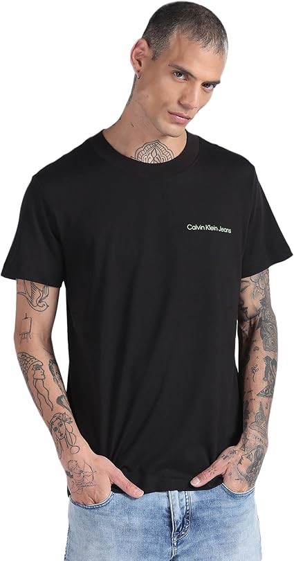 CALVIN KLEIN JEANS Men's Logo Tape Tee, Large, Black, J323993BEH. RRP: $79.