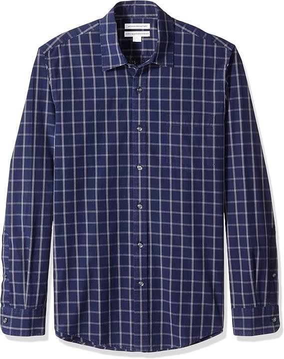 AMAZON ESSENTIALS Men's Slim-Fit Poplin Shirt, Size L, Navy Windowpane, MAE