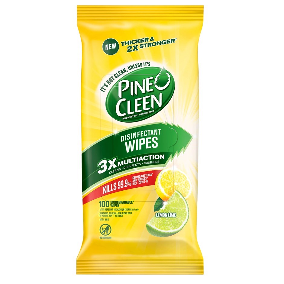 4 x PINE O CLEEN 100pk Disinfectant Wipes, Lemon Lime. Buyers Note - Disco