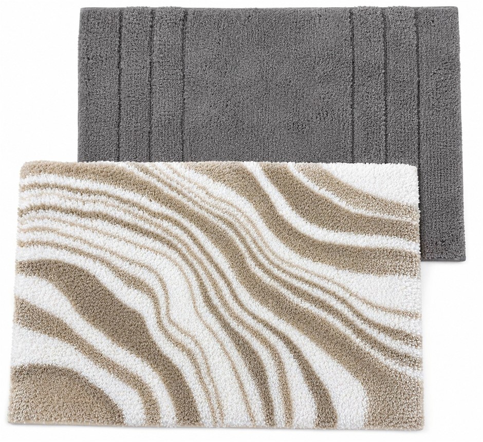 2 Piece MINERAL SPRING Luxury Bath Mats 43 x 61cm, Grey & Marble Print Brow