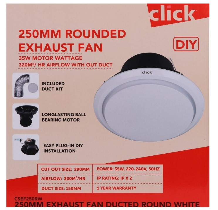 Click 250mm White Ventilating Ducted Exhaust Fan