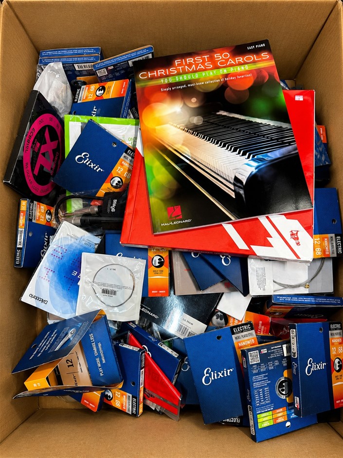 Box of Assorted Musical Instrument Accessories – ELIXIR Guitar Strings, Mus