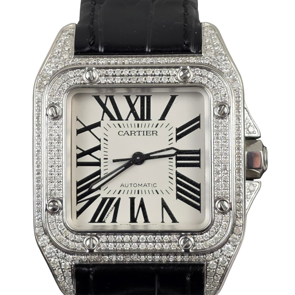 CARTIER SANTOS 100 AUTOMATIC 33MM STEEL & AFTERMARKET DIAMOND 2878 WXO COA