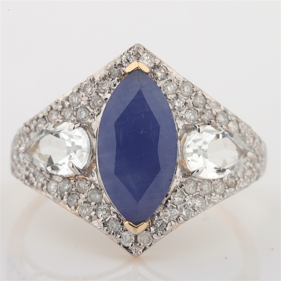 14k Yellow Gold Unheated, Untreated Sapphire, Topaz & Diamond Ring