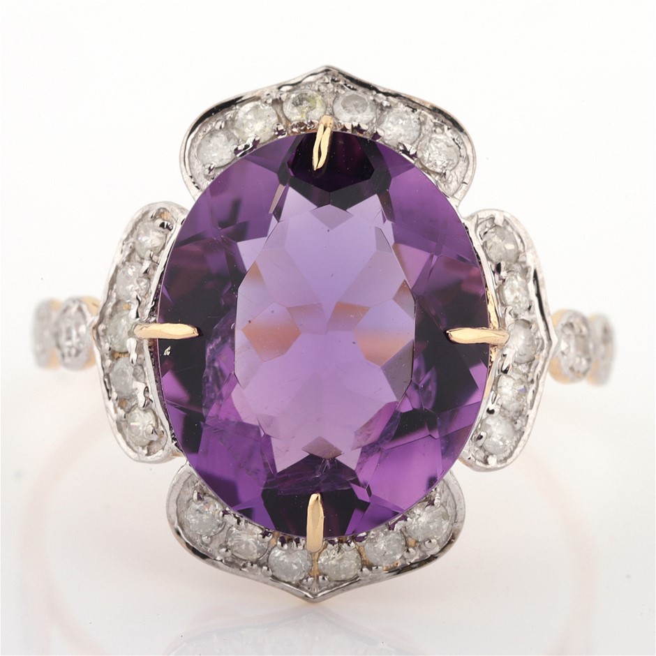 14k Yellow Gold Natural Amethyst & Diamond Ring with GSI valuation