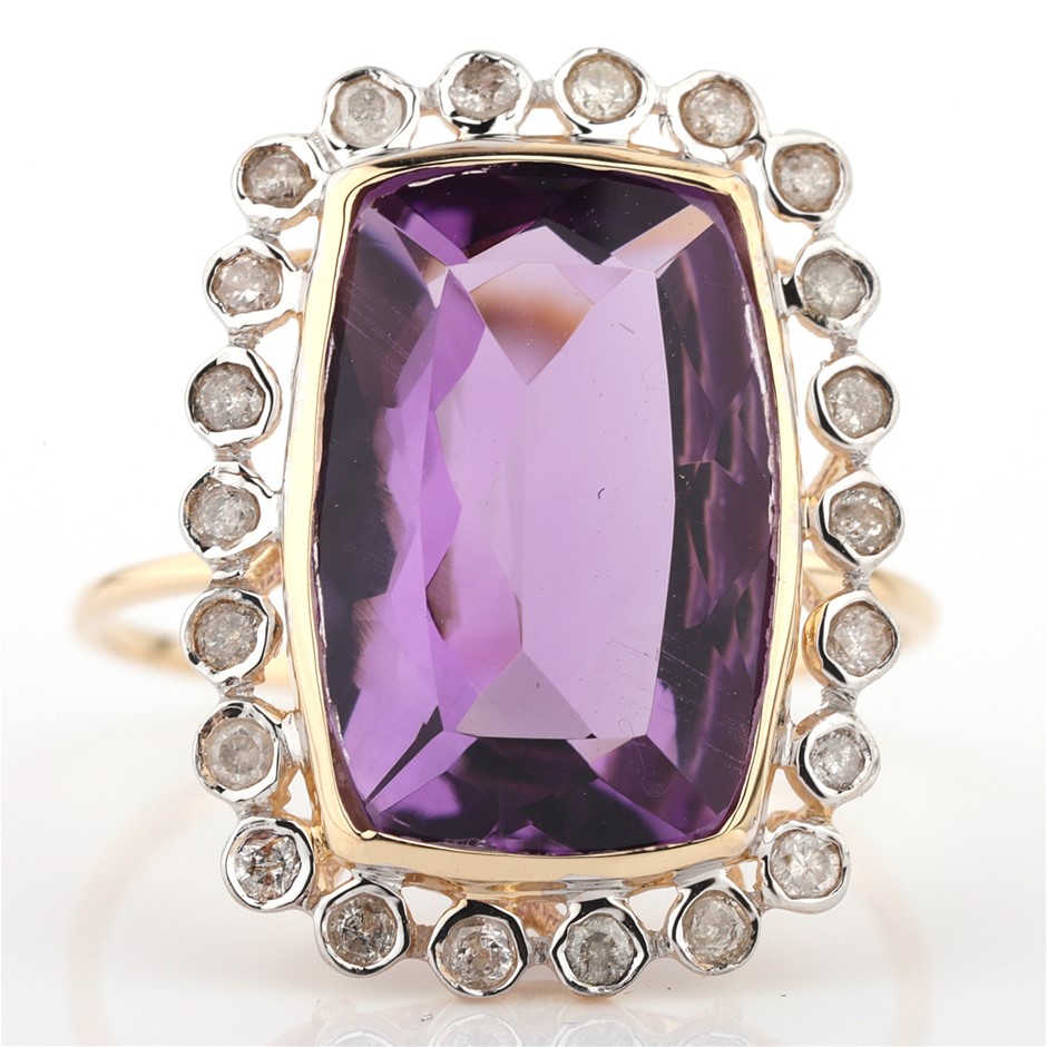 14k Yellow Gold Natural Amethyst & Diamond Ring with GSI valuation