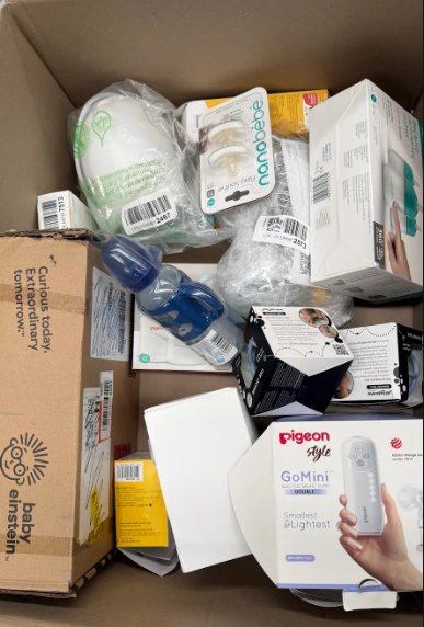 Assorted Box of Baby Items. Incl: GoMini Electric Breast Pump, BabyEinstein