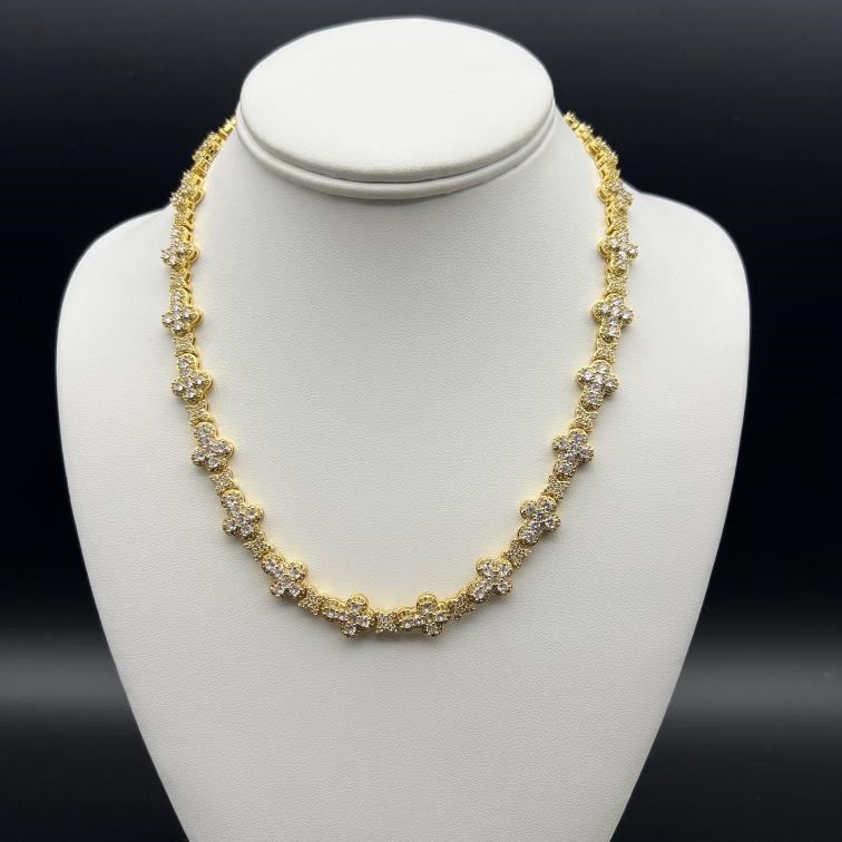 18K Gold-Filled Cross & Flower Necklace with AAA Cubic Zirconias - 55.8cm