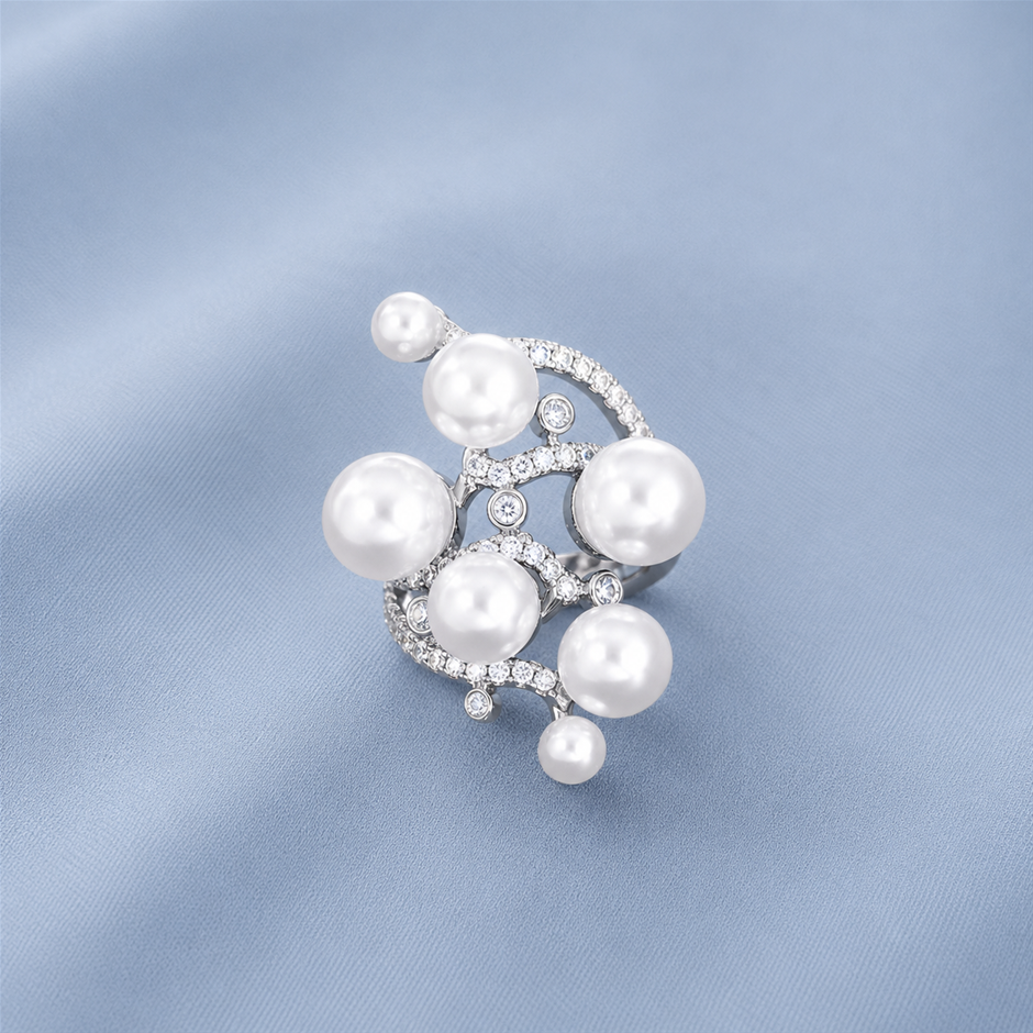 Unique Multi Faux Pearl and AAA+ Cubic Zirconia Ring