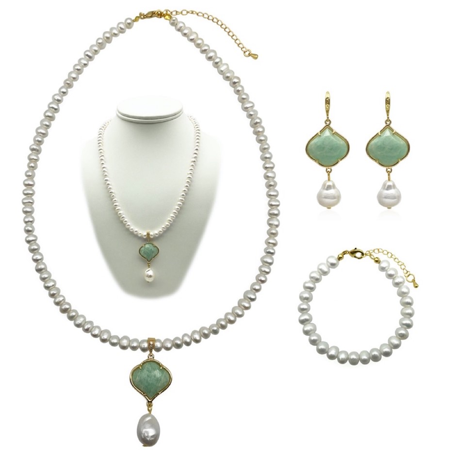 6-7mm White & Baroque Pearl Amazonite Pendant Charm Jewellerys Set