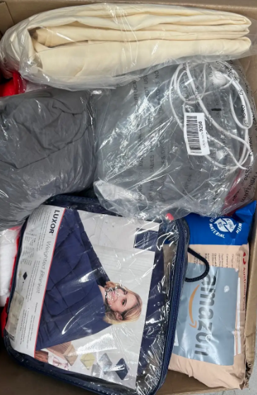 Assorted Box of Bedding, incl: weighted blanket, electric blanket (untested