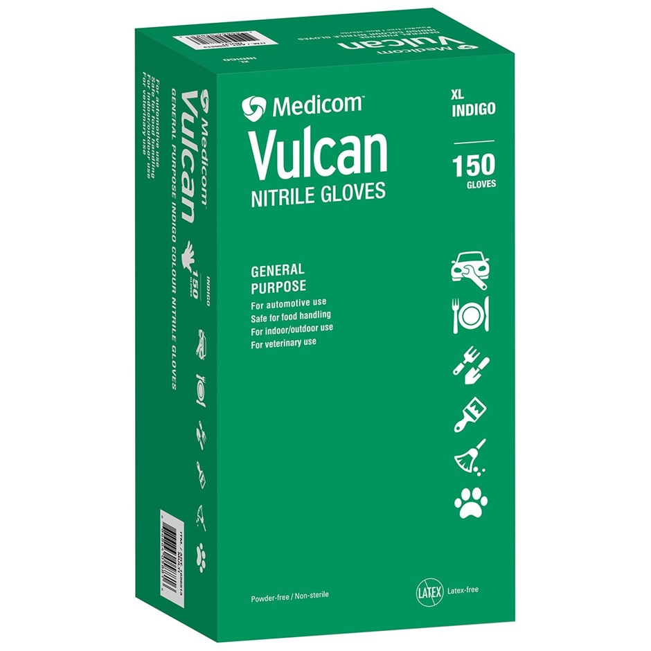 3 x MEDICOM 150-Pack Vulcan Nitrile Gloves, Extra-Large, Indigo, 1656513. N