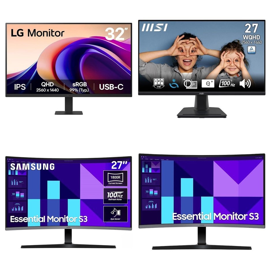 4 x Assorted Monitors, RRP: $956, Incl: 1 x LG 32U631A-B 32" QHD 100Hz USB-