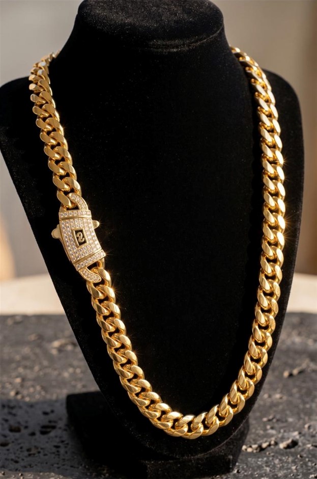 14K-Stamped Yellow Gold Bonded Cuban Miami Chain -55cm-10mm-Bonus Gift